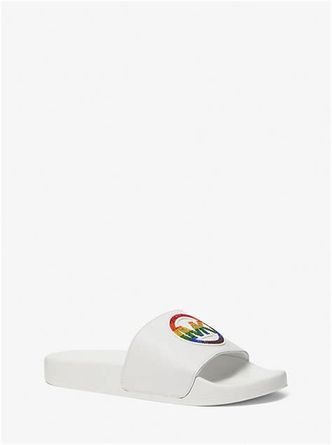 PRIDE Jake Rainbow Embellished Logo Leather Slide Sandal